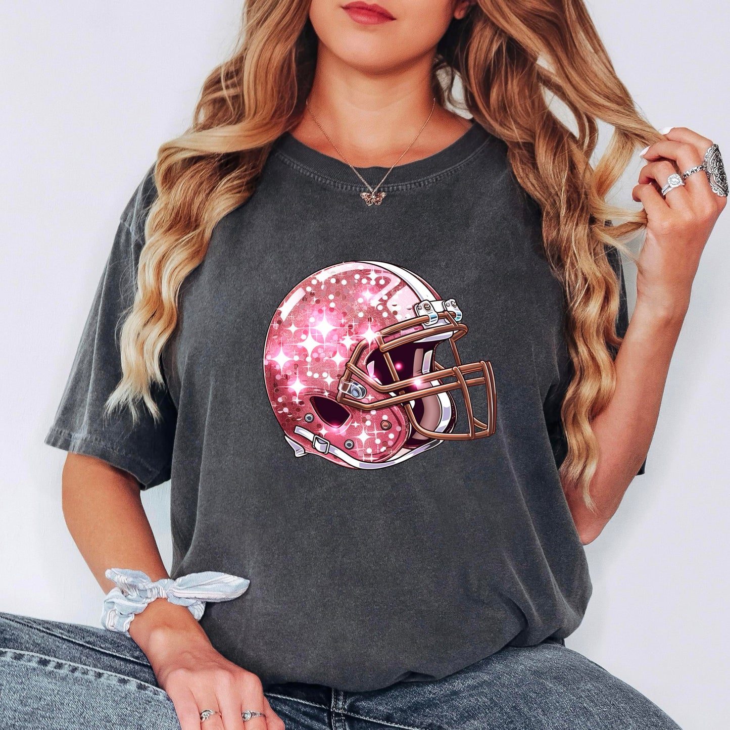 Pink Football Helmet Faux Glitter Shirt for Women and Teens Girly Football Fan Oversized Tee