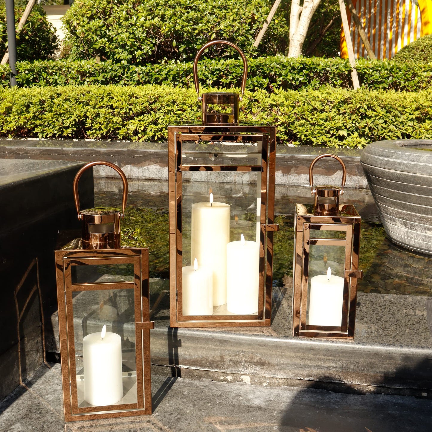TRIROCKS Set of 3 Stainless Steel Candle Lantern 19/15/12'' High Metal Candle Holder with Tempered Glass Panels Perfect for Home Decor Living Room Parties Events Tabletop Indoors Outdoors (Rose Gold)