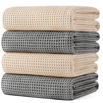 POLYTE 430 GSM Microfiber Oversize Quick Dry Lint Free Bath Towel, 60 x 30 in, 4 Pack (Waffle Weave)