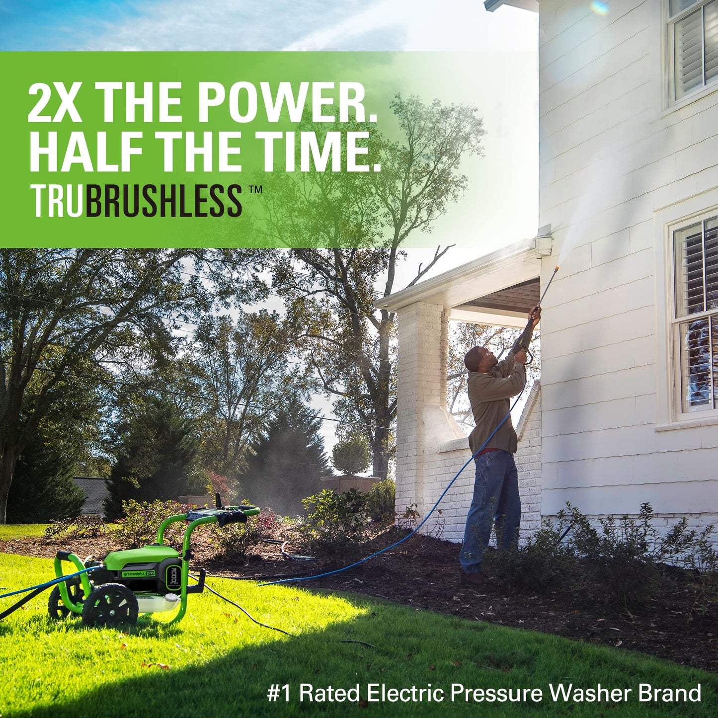 Greenworks 3000 PSI (2.0 GPM Max) Brushless Electric Pressure Washer (15°, 25°, 40°, Turbo and Soap Nozzle) for Use On Decks, Fences, Driveways, Sidewalks, Siding & More. Heavy-Duty
