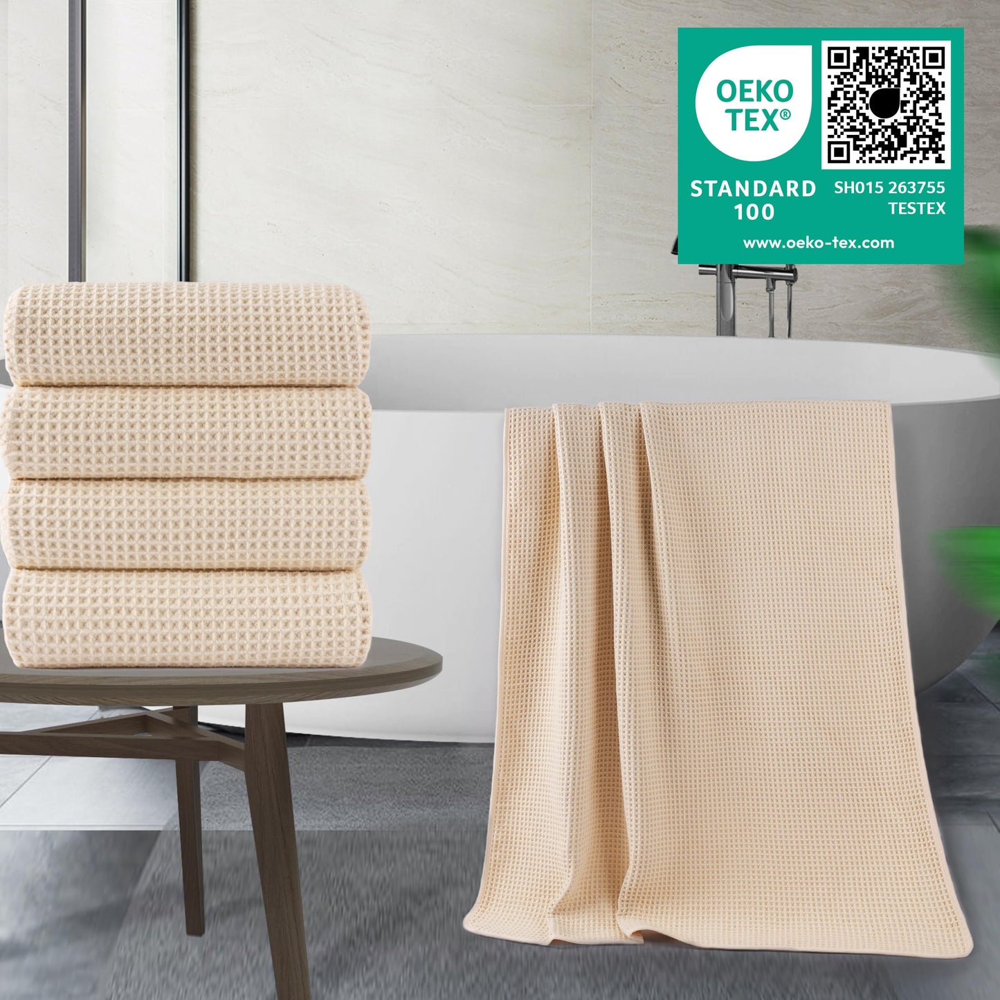 POLYTE 430 GSM Microfiber Oversize Quick Dry Lint Free Bath Towel, 60 x 30 in, 4 Pack (Waffle Weave)