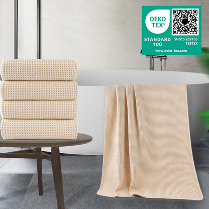 POLYTE 430 GSM Microfiber Oversize Quick Dry Lint Free Bath Towel, 60 x 30 in, 4 Pack (Waffle Weave)