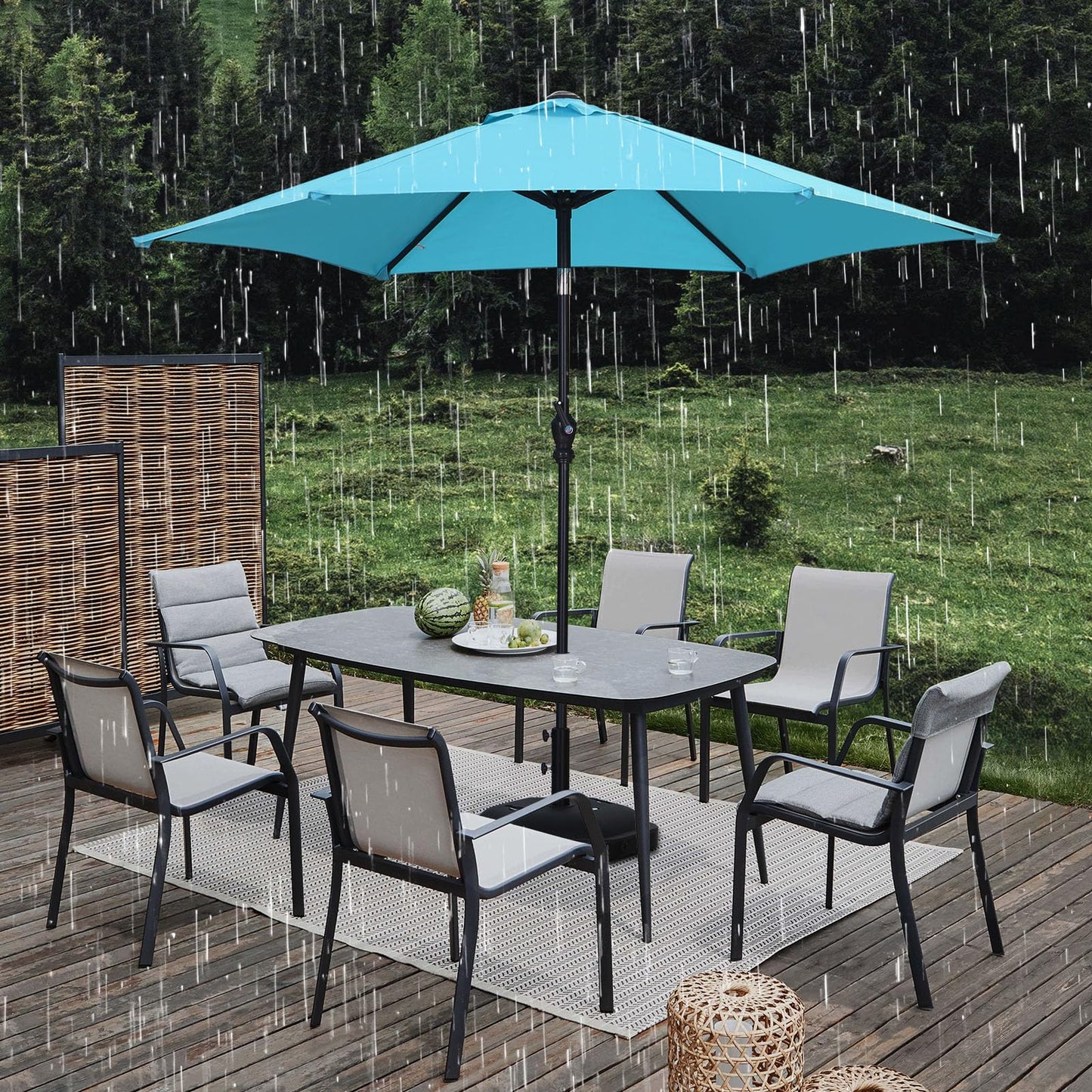 GDY 7.5ft Tassel Patio Umbrella and Matching Base, Outdoor Table Umbrella with 18 LED Lights,Market Umbrella with 6 Sturdy Ribs, with Push Button Tilt and Crank, Bright White