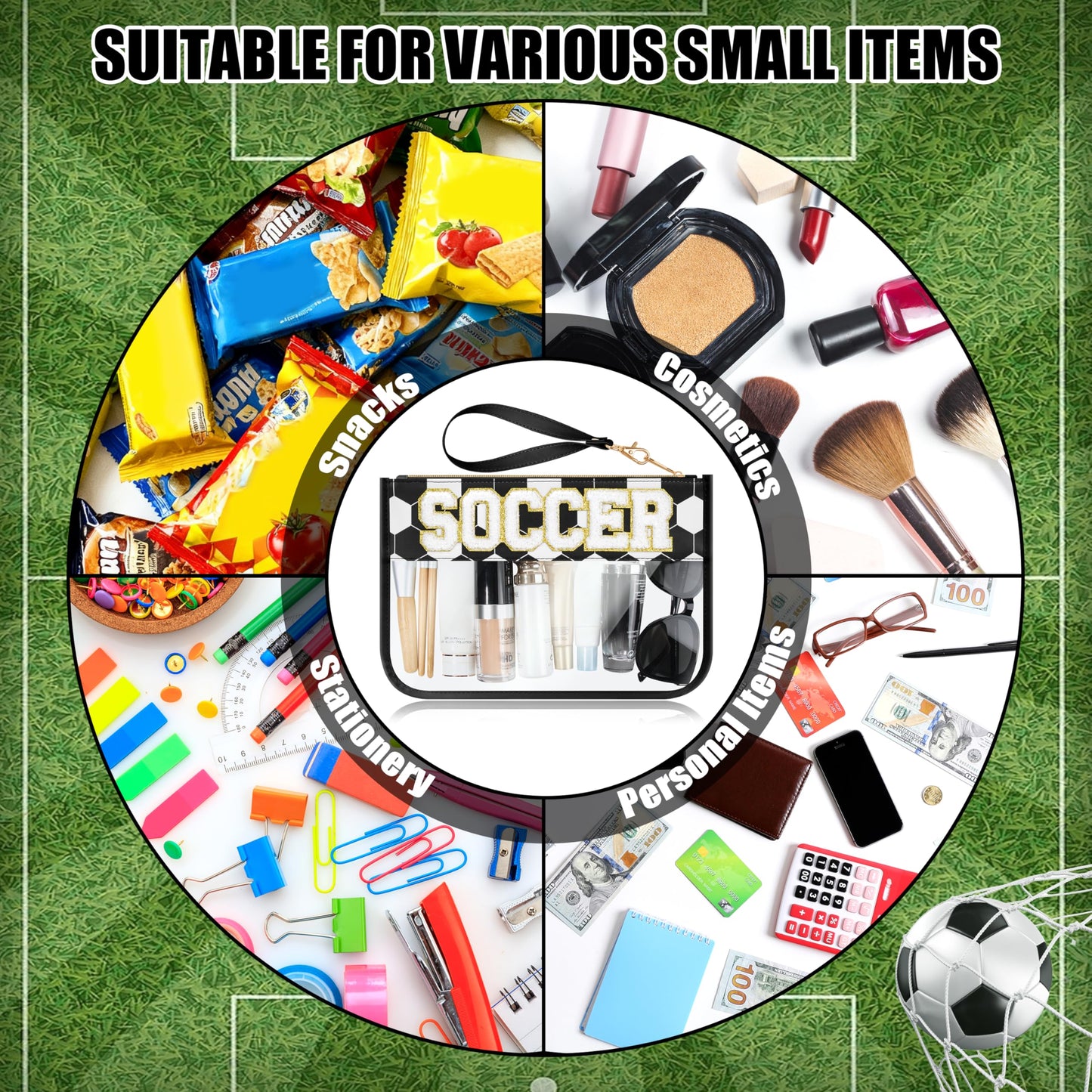 BuyCard Soccer Gift Makeup Bag with Chenille Letter Patch, Clear Cosmetic Pouch PVC Organizer Purse, Waterproof Travel Bag, Portable Toiletry Storage Bag for Her Friends