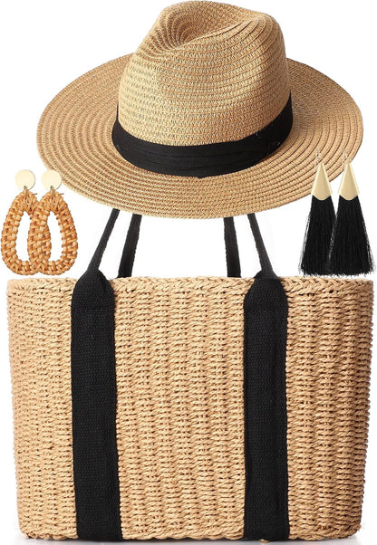 Glitopper 4 Pcs Straw Bag Woven Bag and Rattan Wicker Hat Tassel Earrings Set