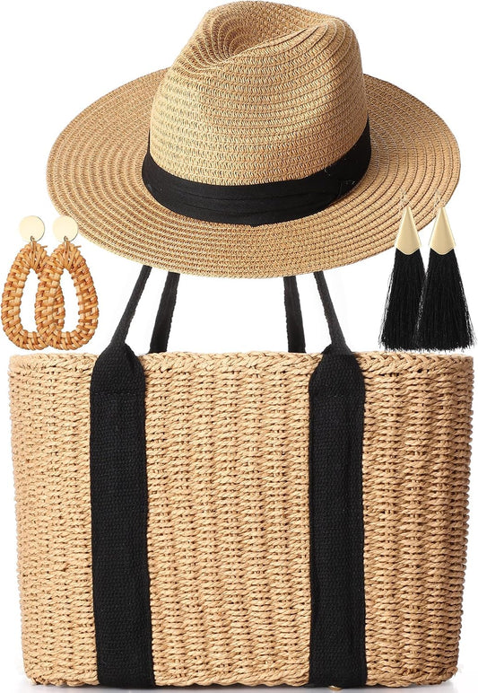 Glitopper 4 Pcs Straw Bag Woven Bag and Rattan Wicker Hat Tassel Earrings Set