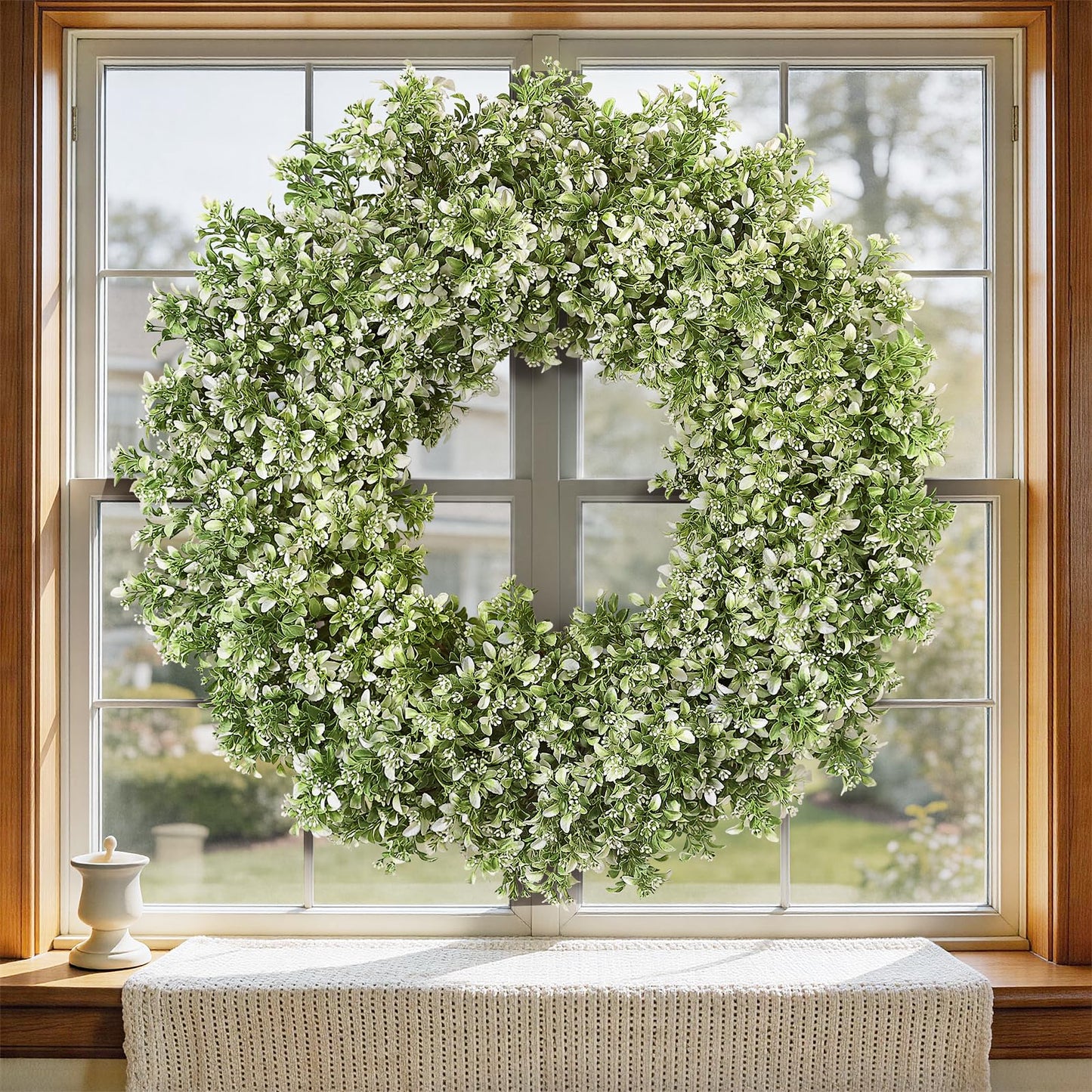 32" Large Artificial Boxwood Wreath for Front Door (White-Green) | Waterproof Fade Resistant,Premium Durable,Faux Aglaia Odorata Wreath,for Wall Window Farmhouse Outdoor All Seasons Decor