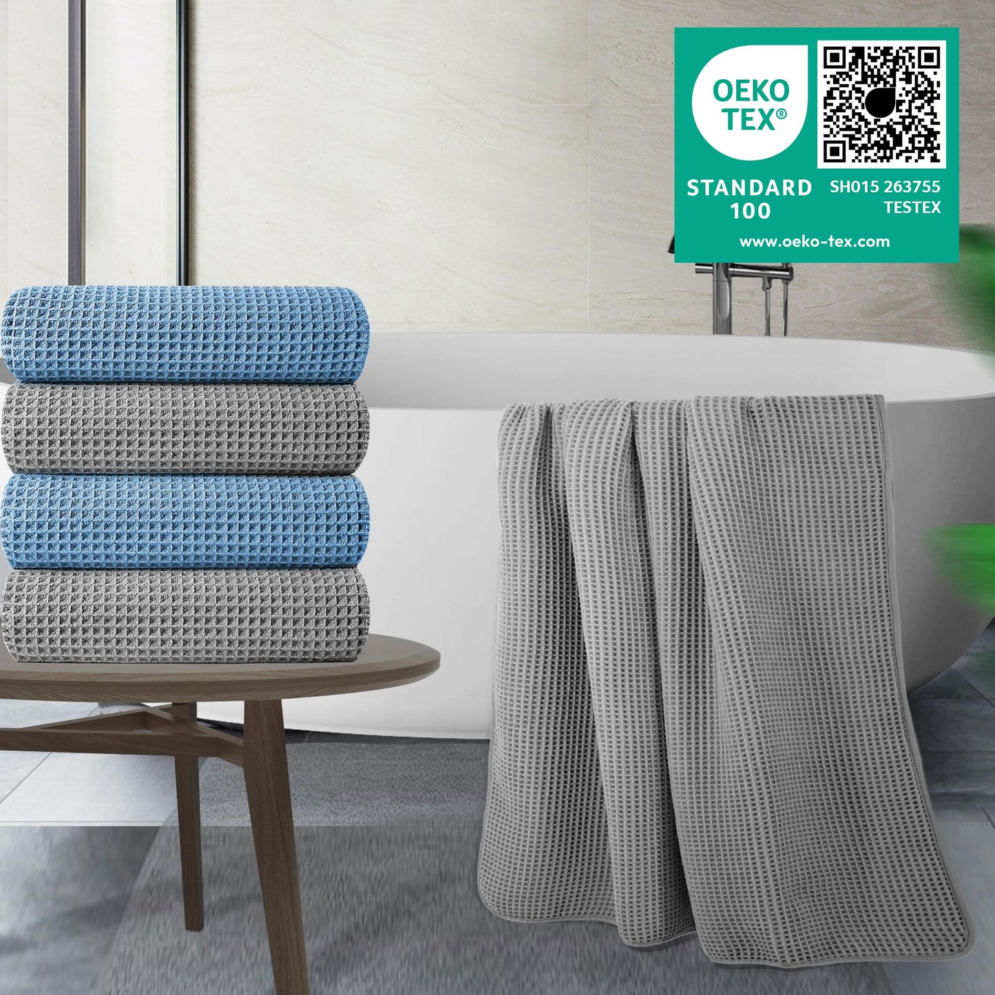 POLYTE 430 GSM Microfiber Oversize Quick Dry Lint Free Bath Towel, 60 x 30 in, 4 Pack (Waffle Weave)