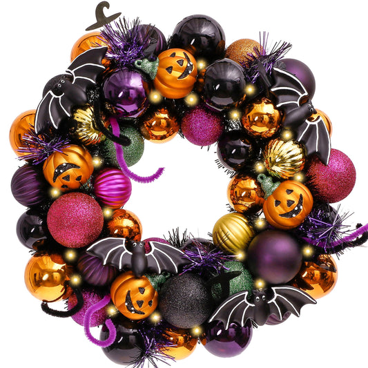 Valery Madelyn Halloween Decorations 20" Pumpkin Wreath for Front Door | Pre-Lit 60ct Shatterproof Treat-or-Trick Ball Ornaments Wreath for Centerpiece Wall Indoor Home Party Decor