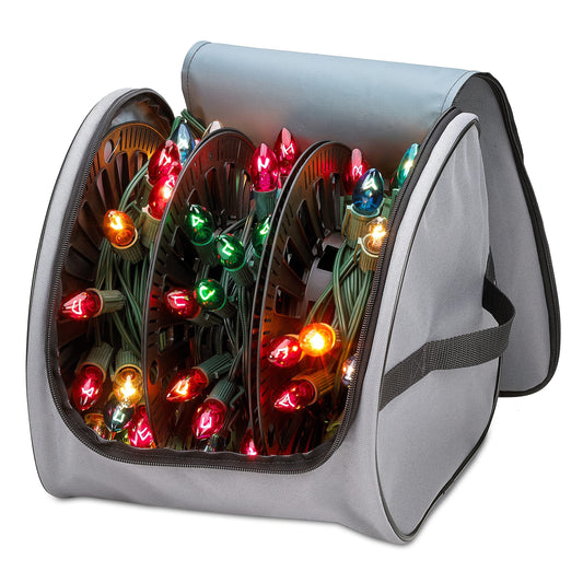 HOLDN’ STORAGE Premium Christmas Light Storage Bag – Heavy Duty Tear Proof 600D/Inside PVC Material with Reinforced Handles - 3 Reels Stores up to 375 Ft of Mini Tree Lights & Extension Cords Red