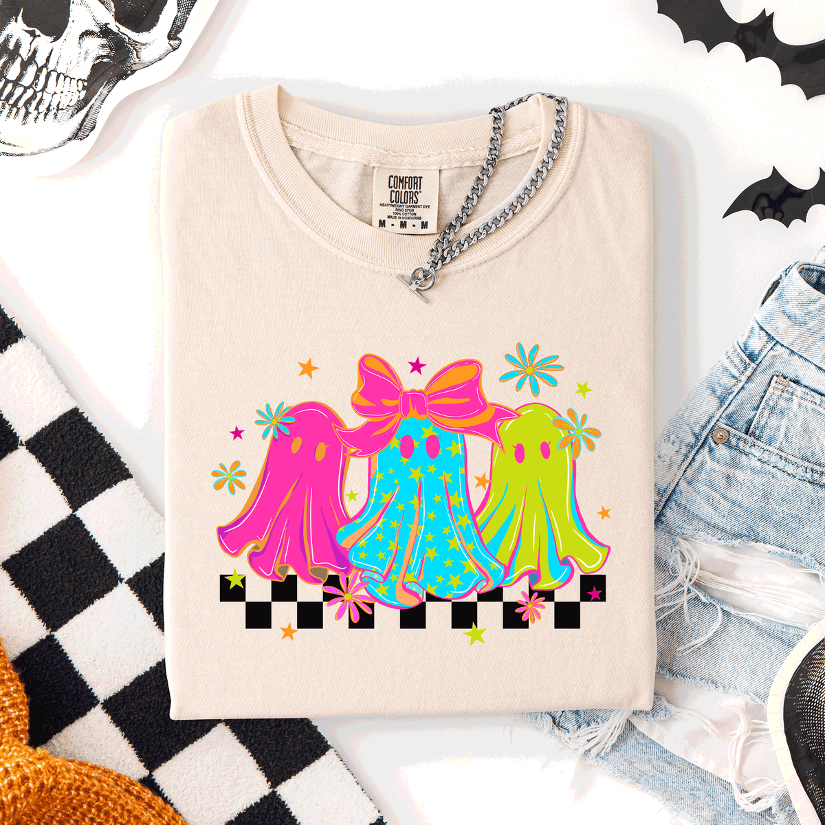 Bright And Colorful Retro Halloween Ghosts Checkered Graphic Design Limited Edition Comfort Colors Tee