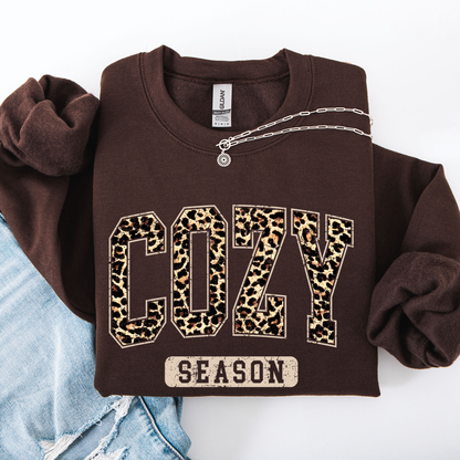 Cozy Season Leopard Print Autumn Florals Sunflowers Pumpkins Halloween Inspired Sweatshirt