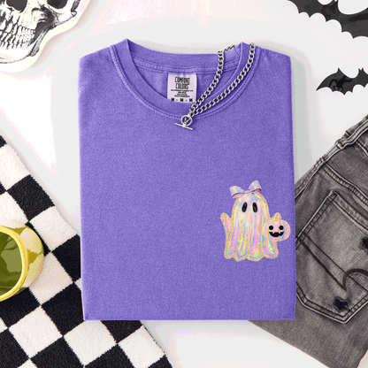 Cute Ghost Coquette Ribbon Faux Glitter Halloween Pocket Detail Comfort Colors Tee