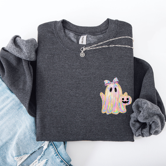 Cute Ghost Coquette Ribbon Faux Glitter Halloween Vintage Velvet Pocket Sweatshirt