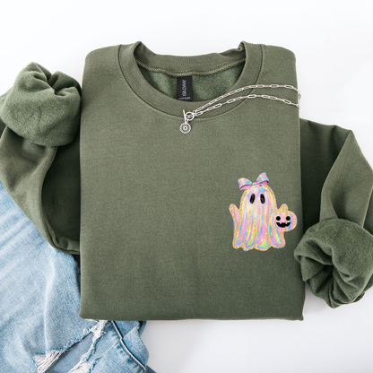Cute Ghost Coquette Ribbon Faux Glitter Halloween Vintage Velvet Pocket Sweatshirt