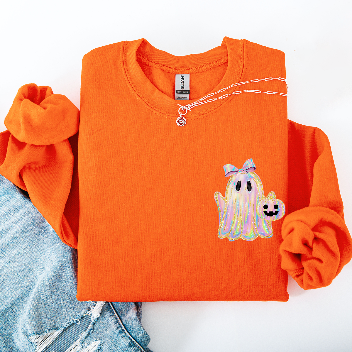 Cute Ghost Coquette Ribbon Faux Glitter Halloween Vintage Velvet Pocket Sweatshirt