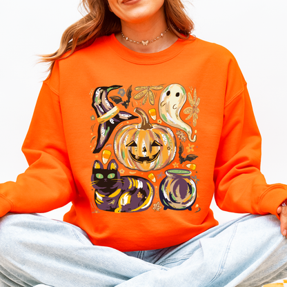 Cute Halloween Painted Pumpkin Black Cat Ghost Witch Skeleton Moonlit Night Scene Sweatshirt