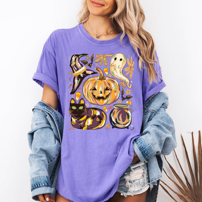 Cute Halloween Painted Pumpkin Black Cat Ghost Witch Festive Scene Comfort Colors Tee