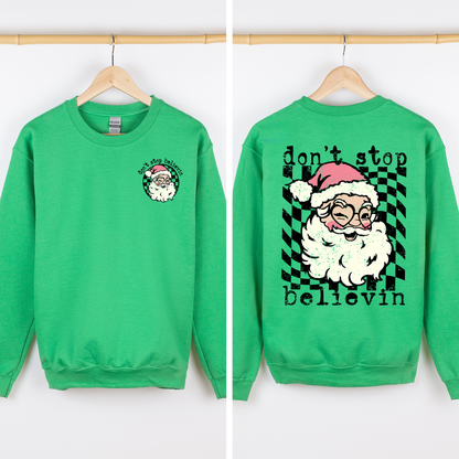 Don't Stop Believin Santa Christmas Checkered Vintage Front And Back Print Sweatshirt