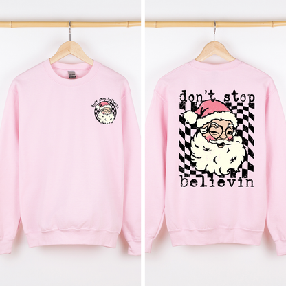 Don't Stop Believin Santa Christmas Checkered Vintage Front And Back Print Sweatshirt