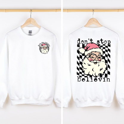 Don't Stop Believin Santa Christmas Checkered Vintage Front And Back Print Sweatshirt
