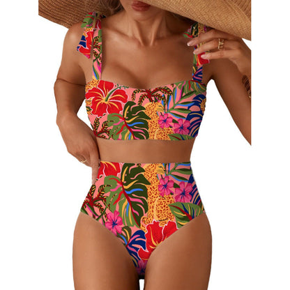 Tie-Shoulder Striped High-Waisted Bikini Set – Two-Piece Swimsuit for Women