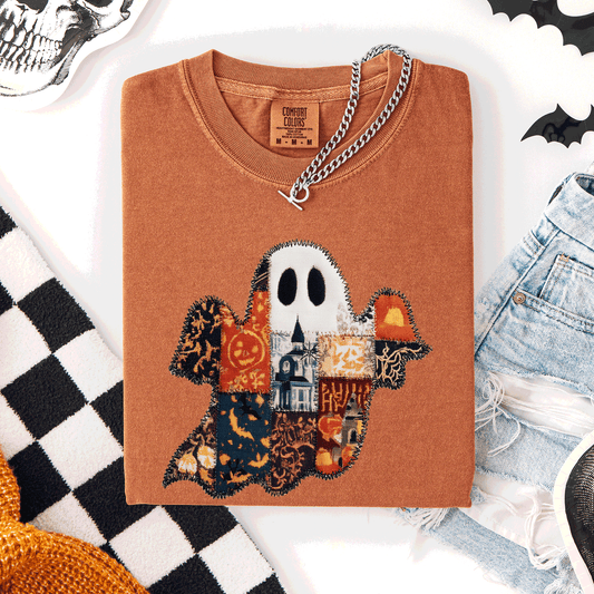 Ghost Faux Quilt Classic Halloween Fall Autumn Trad Cozy Vintage Comfort Colors Tee