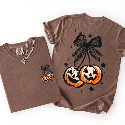 Halloween Cherry Pumpkins Whimsical Front And Back Print Colorful Graphic Soft Cotton Comfort Colors Tee