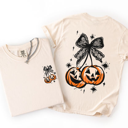 Halloween Cherry Pumpkins Whimsical Front And Back Print Colorful Graphic Soft Cotton Comfort Colors Tee