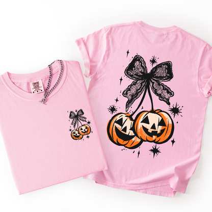Halloween Cherry Pumpkins Whimsical Front And Back Print Colorful Graphic Soft Cotton Comfort Colors Tee