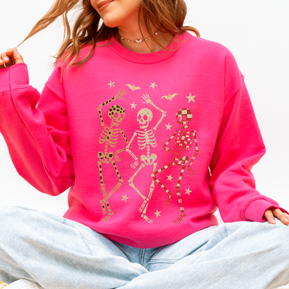 Halloween Dancing Skeletons Retro Leopard Checker Cherry Print Spooky Season Graphic Sweatshirt