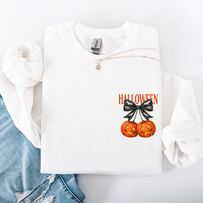 Halloween Jack o Lanterns Cherry Coquette Graphic Print Cozy Autumn Collection Pocket Sweatshirt