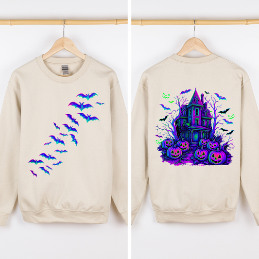 Haunted House Bright Colors Halloween Scene With Bats And Ghosts Spooky Night Parade Sweatshirt