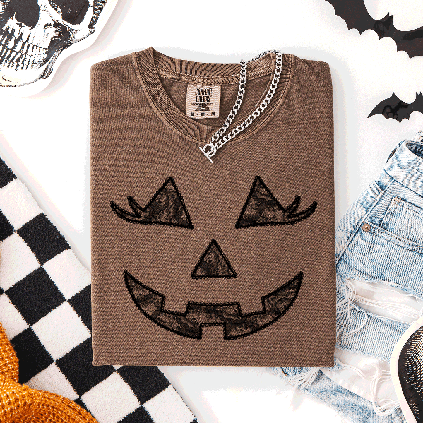 Jack-O-Lantern Coquette Faux Lace Halloween Motif Delicate Detail Print Comfort Colors Tee