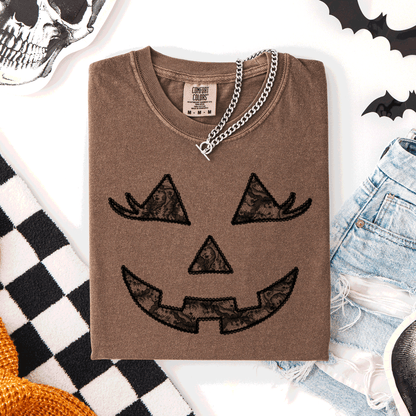 Jack-O-Lantern Coquette Faux Lace Halloween Motif Delicate Detail Print Comfort Colors Tee
