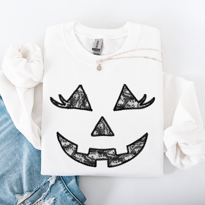 Jack O Lantern Coquette Faux Lace Halloween Vintage Inspired Cozy Embroidered Sweatshirt