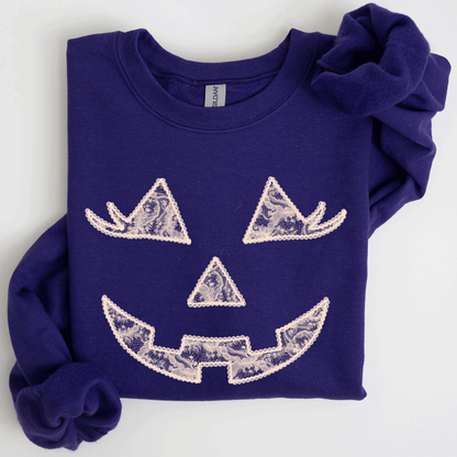 Jack O Lantern Coquette Faux Lace Halloween Vintage Inspired Cozy Embroidered Sweatshirt
