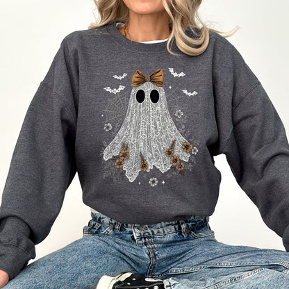 Cute Lace Ghost Bow Coquette Bats Halloween Vintage Nostalgic Cozy Retro Graphic Sweatshirt