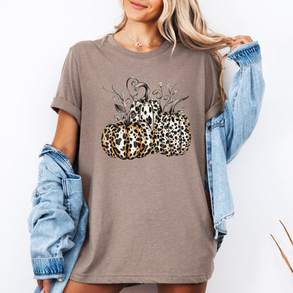 Leopard Print Pumpkins Graphic Tee For Halloween And Autumn Fashion, Cozy Fall Wardrobe Essential