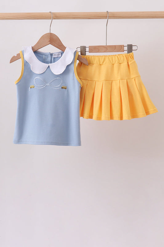 Blue Bus Bow Embroidery Ruffle Skorts Set