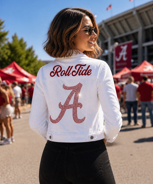 University of Alabama Roll Tide A White Denim Jacket