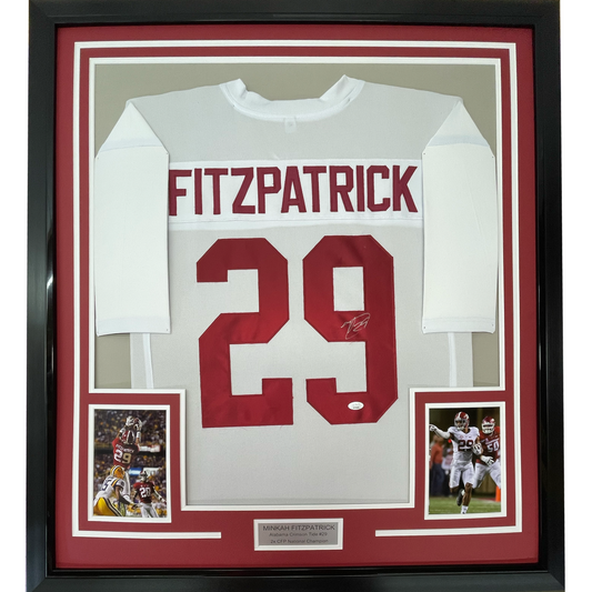 Framed Autographed/Signed Minkah Fitzpatrick 35x39 Alabama White College Football Jersey JSA COA