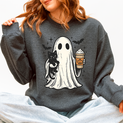 Pumpkin Spice Latte Ghost Witch Halloween Cat Bats Leopard Patchwork Autumn Sweatshirt