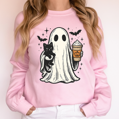 Pumpkin Spice Latte Ghost Witch Halloween Cat Bats Leopard Patchwork Autumn Sweatshirt