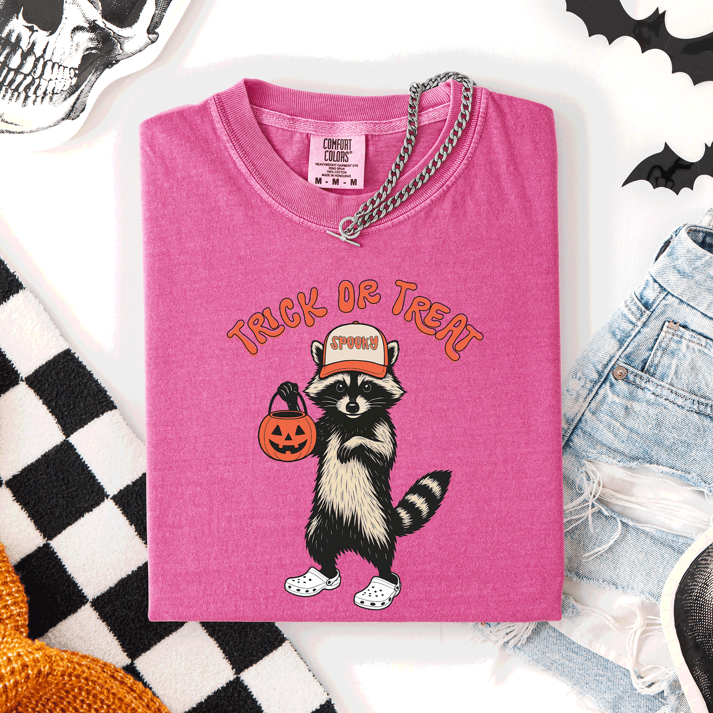 Raccoon Trick Or Treat Halloween Spooky Nighttime Illustration Artwork Comfort Colors Tee