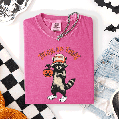 Raccoon Trick Or Treat Halloween Spooky Nighttime Illustration Artwork Comfort Colors Tee
