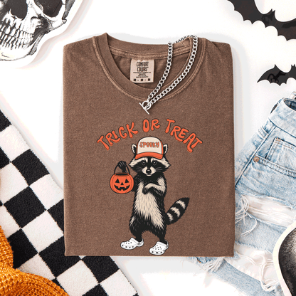 Raccoon Trick Or Treat Halloween Spooky Nighttime Illustration Artwork Comfort Colors Tee