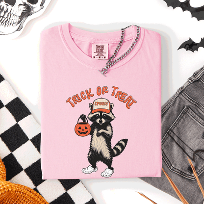 Raccoon Trick Or Treat Halloween Spooky Nighttime Illustration Artwork Comfort Colors Tee
