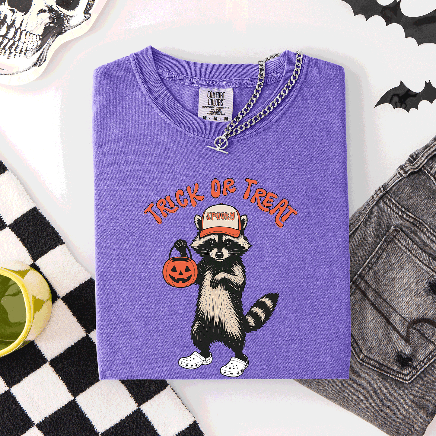 Raccoon Trick Or Treat Halloween Spooky Nighttime Illustration Artwork Comfort Colors Tee