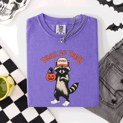 Raccoon Trick Or Treat Halloween Spooky Nighttime Illustration Artwork Comfort Colors Tee